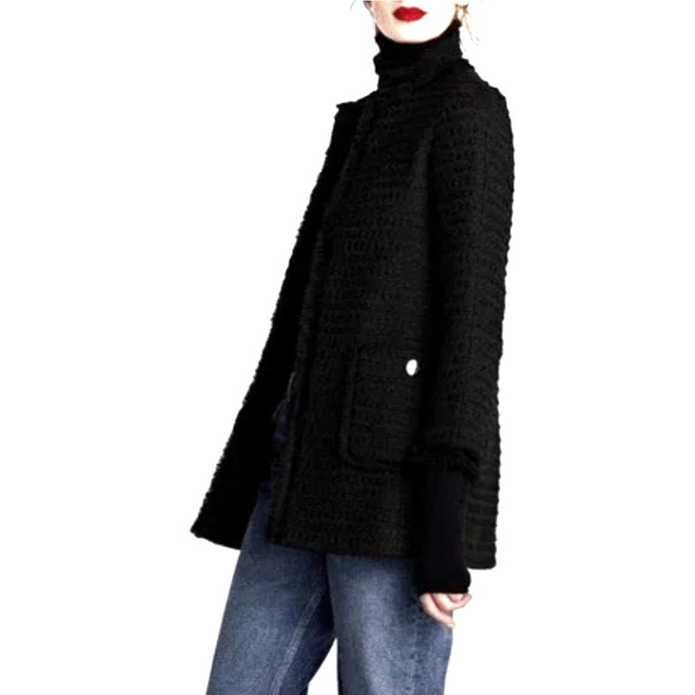 Zara S Tweed $149 Boucle Evening Coat Lady Textured Jacket Long Black Gold NEW! - Picture 3 of 11